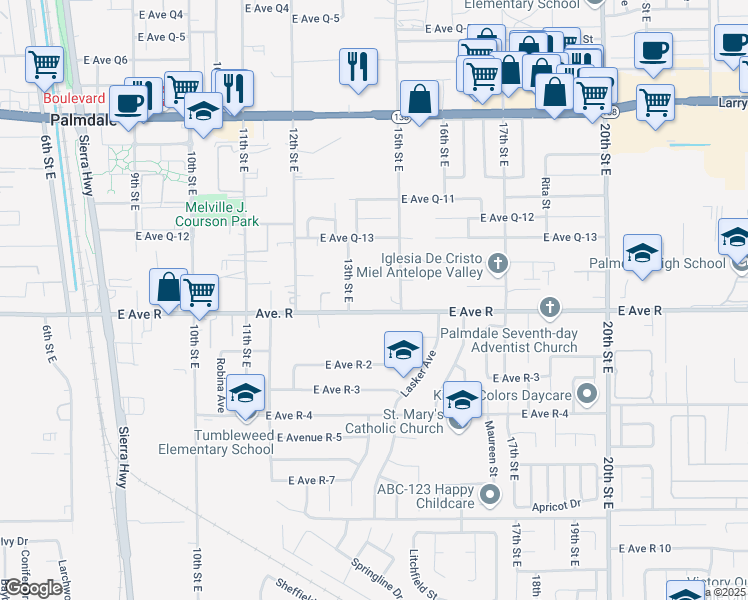 map of restaurants, bars, coffee shops, grocery stores, and more near 1341 Avenue R in Palmdale