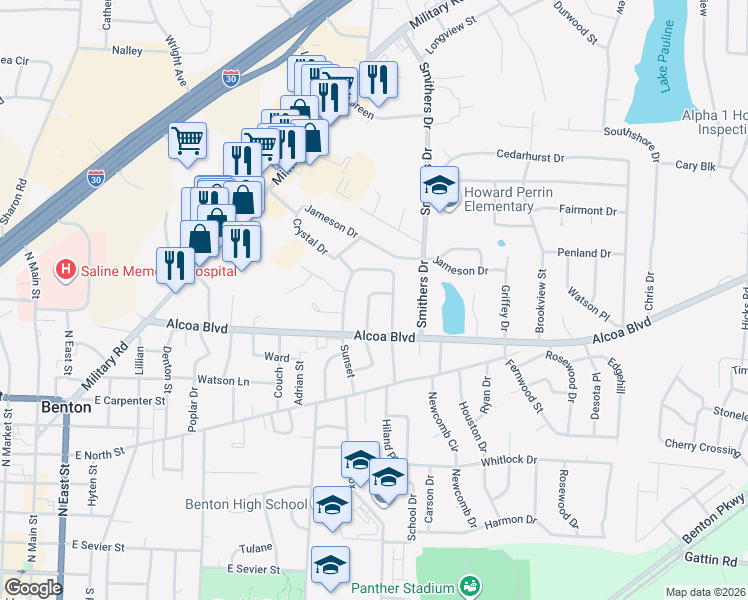 map of restaurants, bars, coffee shops, grocery stores, and more near 1020 Oakwood in Benton