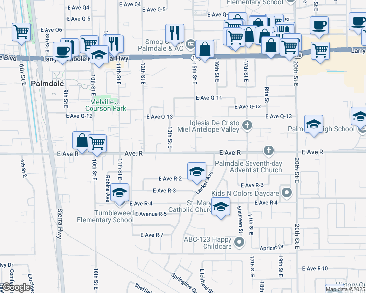 map of restaurants, bars, coffee shops, grocery stores, and more near 1341 East Avenue R in Palmdale