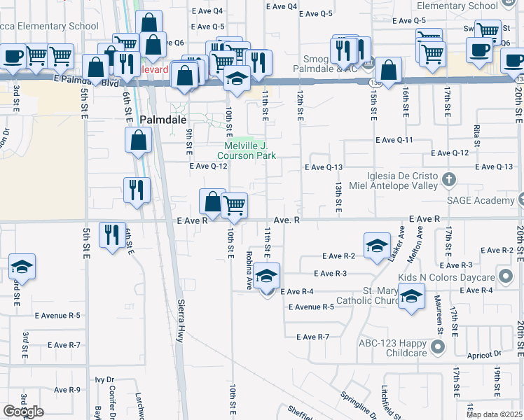 map of restaurants, bars, coffee shops, grocery stores, and more near 38013 11th Street East in Palmdale
