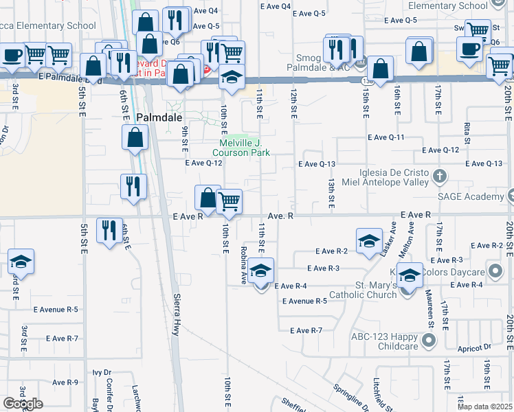 map of restaurants, bars, coffee shops, grocery stores, and more near 38013 11th Street East in Palmdale