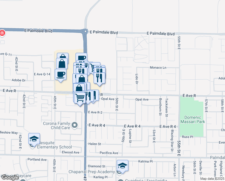 map of restaurants, bars, coffee shops, grocery stores, and more near 38010 Calcedony Court in Palmdale
