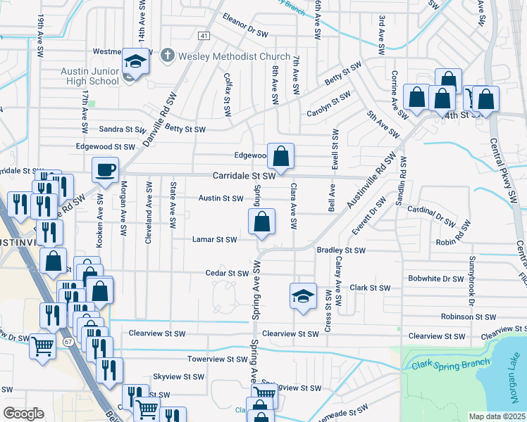 map of restaurants, bars, coffee shops, grocery stores, and more near 2107 Spring Avenue Southwest in Decatur