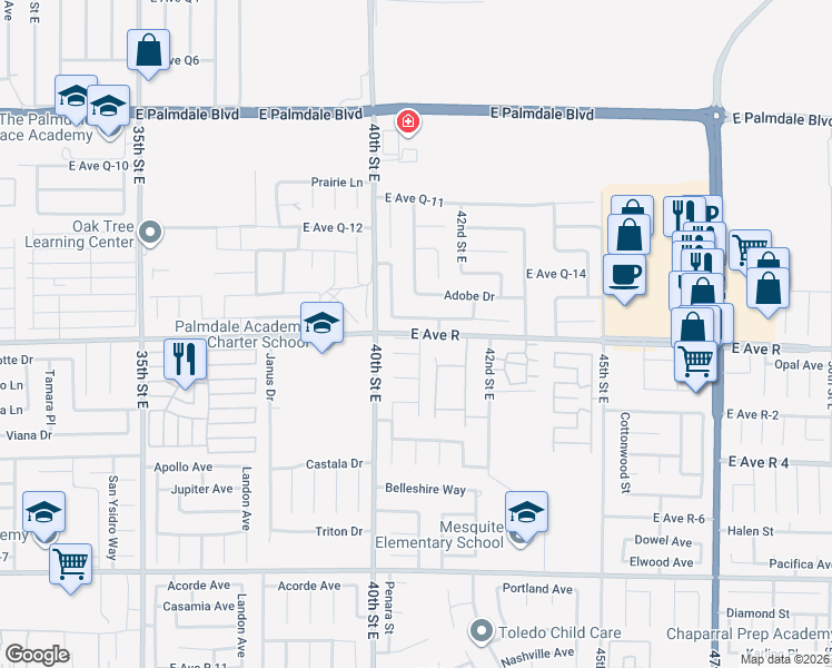 map of restaurants, bars, coffee shops, grocery stores, and more near 4066 Saddleback Road in Palmdale