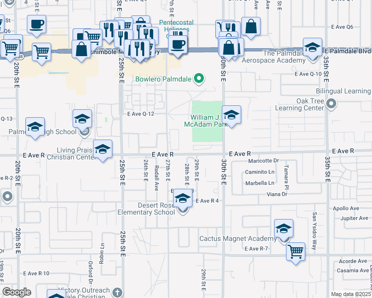 map of restaurants, bars, coffee shops, grocery stores, and more near 2751 Avenue R in Palmdale
