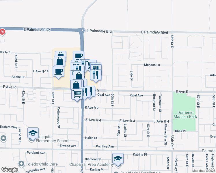 map of restaurants, bars, coffee shops, grocery stores, and more near 38010 Calcedony Court in Palmdale