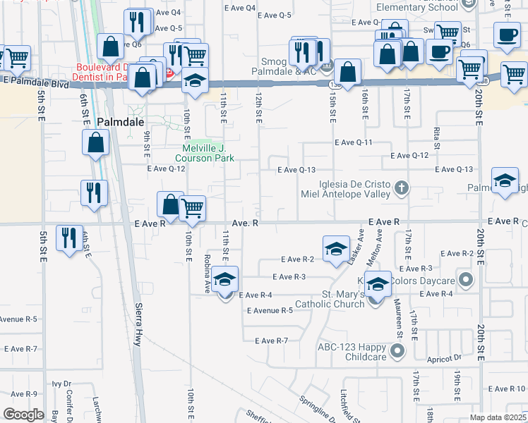 map of restaurants, bars, coffee shops, grocery stores, and more near 38020 12th Street East in Palmdale
