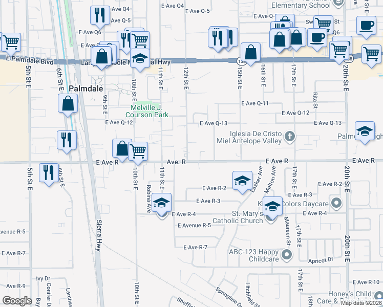 map of restaurants, bars, coffee shops, grocery stores, and more near 38020 12th Street East in Palmdale