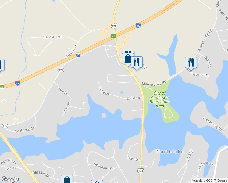 map of restaurants, bars, coffee shops, grocery stores, and more near 1017 Ladys Lane in Anderson