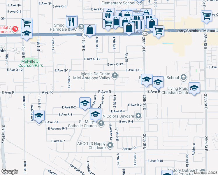 map of restaurants, bars, coffee shops, grocery stores, and more near 1617 East Avenue R in Palmdale