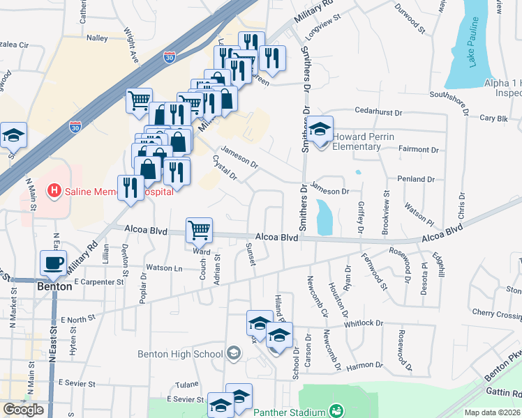 map of restaurants, bars, coffee shops, grocery stores, and more near 1020 Oakwood in Benton