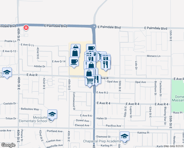 map of restaurants, bars, coffee shops, grocery stores, and more near 38003 47th Street East in Palmdale