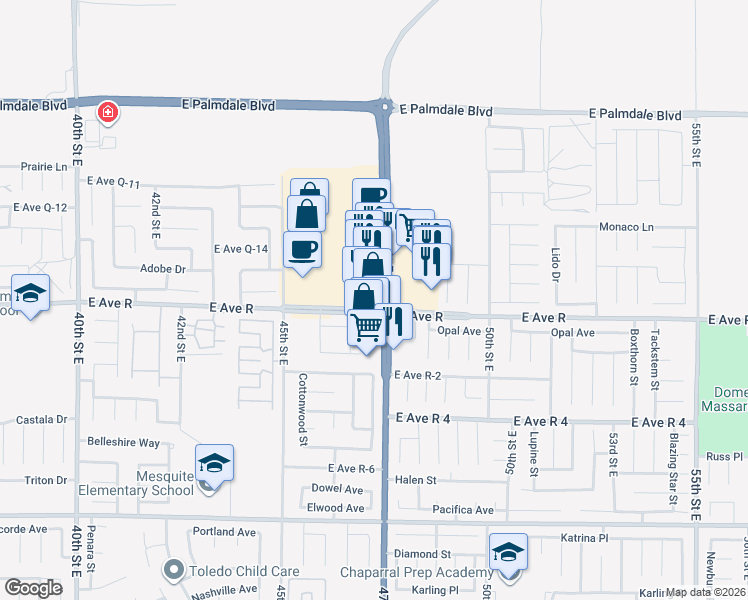 map of restaurants, bars, coffee shops, grocery stores, and more near 38003 47th Street East in Palmdale