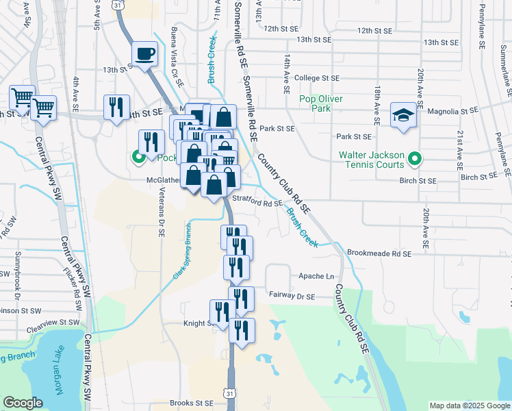 map of restaurants, bars, coffee shops, grocery stores, and more near Stratford Court in Decatur