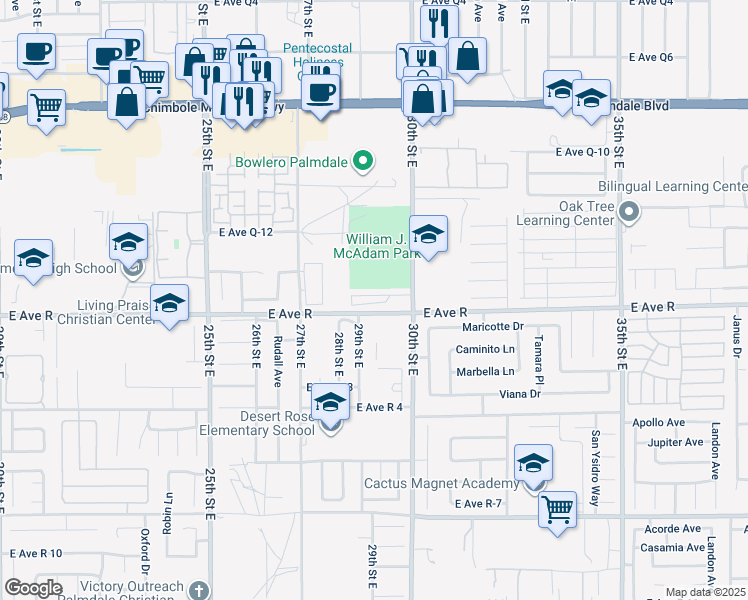 map of restaurants, bars, coffee shops, grocery stores, and more near 38015 30th Street East in Palmdale
