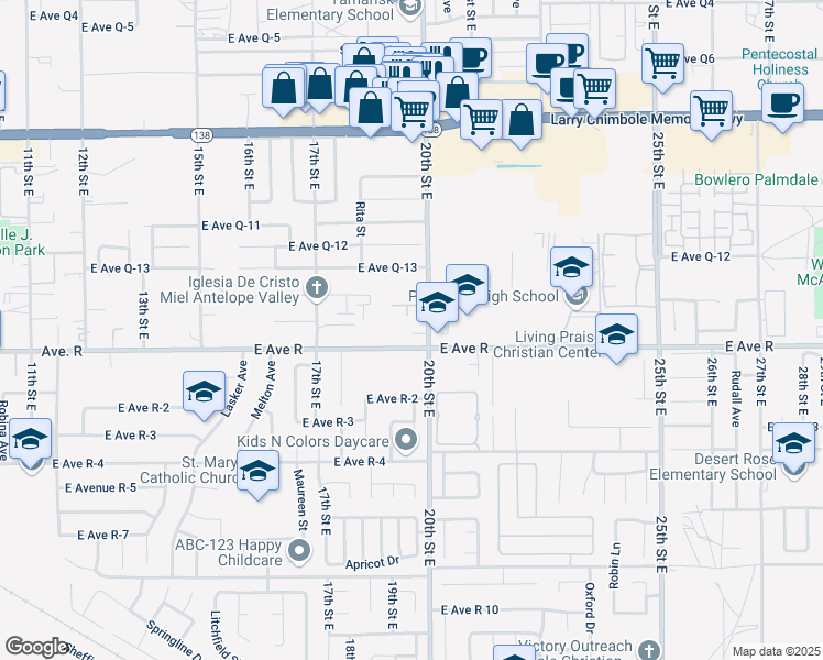 map of restaurants, bars, coffee shops, grocery stores, and more near 38021 20th Street East in Palmdale