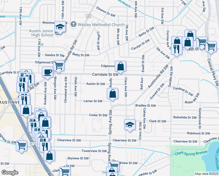 map of restaurants, bars, coffee shops, grocery stores, and more near 2107 Spring Ave SW in Decatur