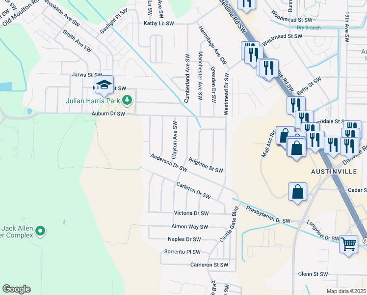 map of restaurants, bars, coffee shops, grocery stores, and more near 2017 Jefferson Avenue Southwest in Decatur