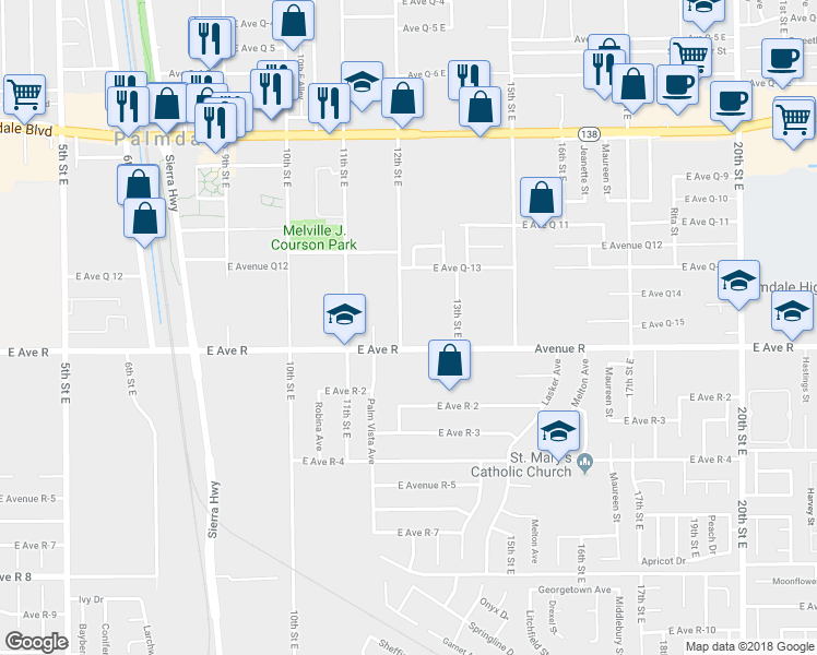 map of restaurants, bars, coffee shops, grocery stores, and more near 38022 12th Street East in Palmdale