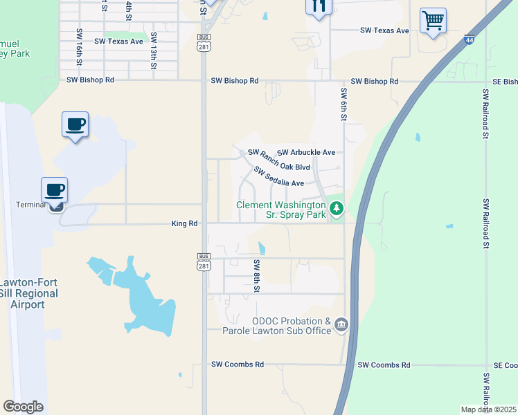 map of restaurants, bars, coffee shops, grocery stores, and more near 3422 Southwest Abilene Drive in Lawton