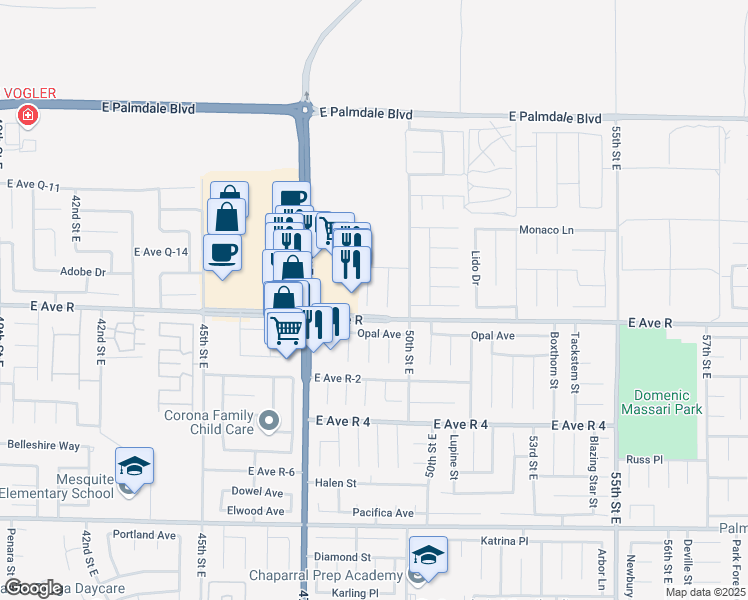map of restaurants, bars, coffee shops, grocery stores, and more near 38016 Beryl Court in Palmdale