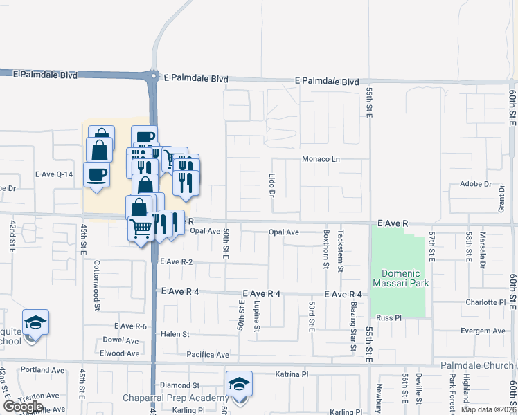 map of restaurants, bars, coffee shops, grocery stores, and more near 5059 Saint Laurent Place in Palmdale