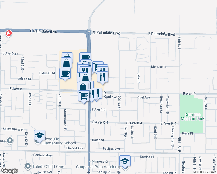 map of restaurants, bars, coffee shops, grocery stores, and more near 38016 Beryl Court in Palmdale