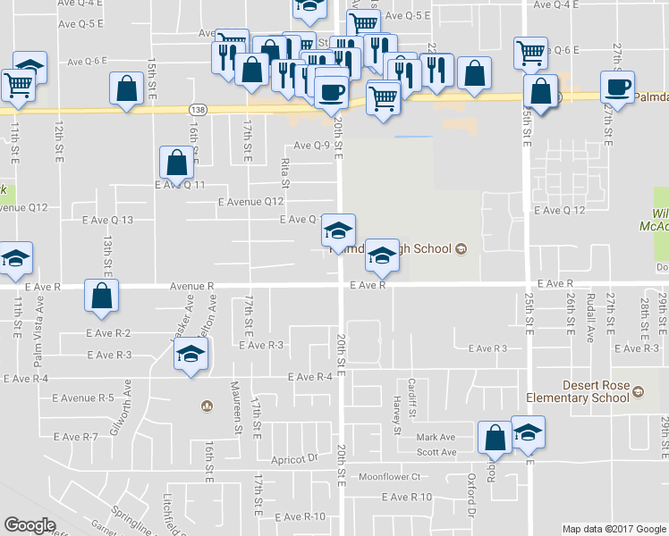 map of restaurants, bars, coffee shops, grocery stores, and more near 38023 20th Street East in Palmdale