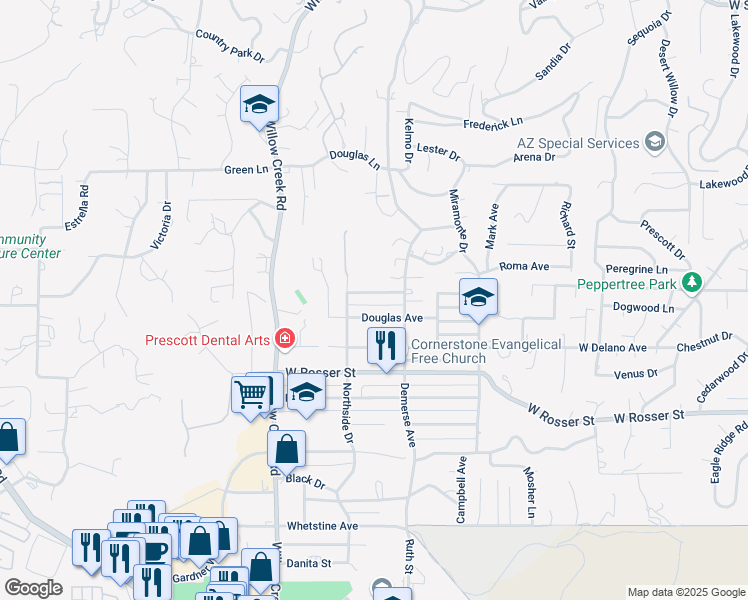 map of restaurants, bars, coffee shops, grocery stores, and more near 709 Mingus Avenue in Prescott