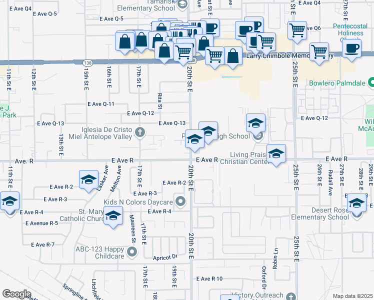 map of restaurants, bars, coffee shops, grocery stores, and more near 38021 20th Street East in Palmdale