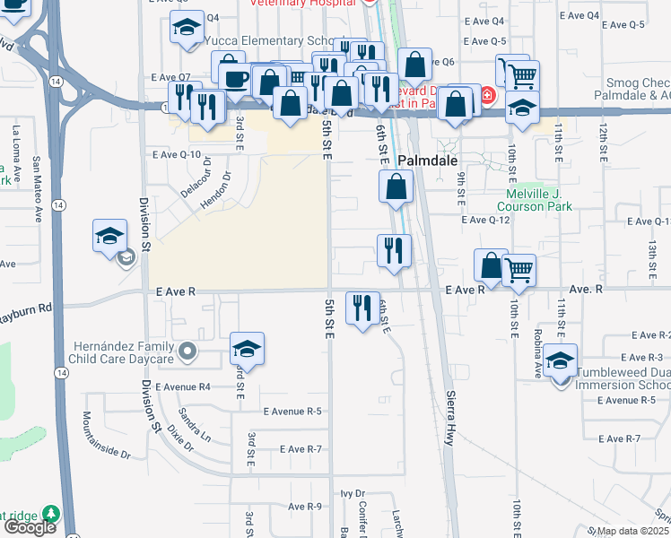 map of restaurants, bars, coffee shops, grocery stores, and more near 38076 5th Street East in Palmdale