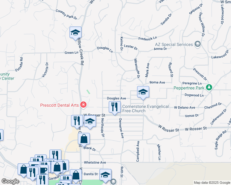 map of restaurants, bars, coffee shops, grocery stores, and more near 709 Mingus Avenue in Prescott
