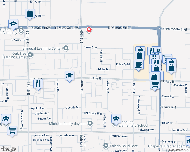 map of restaurants, bars, coffee shops, grocery stores, and more near 4066 Saddleback Road in Palmdale
