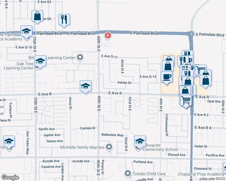 map of restaurants, bars, coffee shops, grocery stores, and more near 4058 Saddleback Road in Palmdale