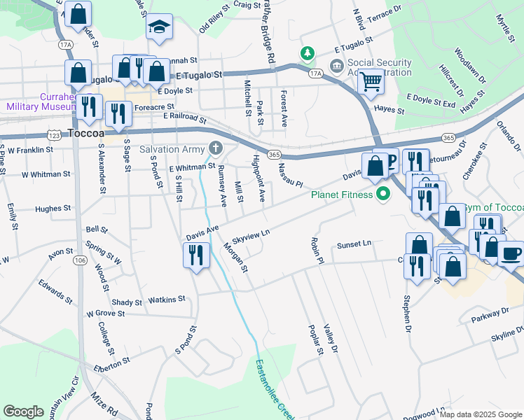 map of restaurants, bars, coffee shops, grocery stores, and more near 30 Moore Avenue in Toccoa