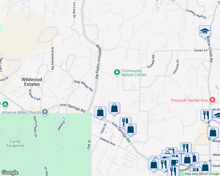 map of restaurants, bars, coffee shops, grocery stores, and more near 1800 Williamson Valley Road in Prescott