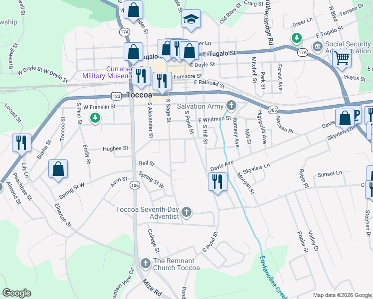 map of restaurants, bars, coffee shops, grocery stores, and more near 123 Cole Manor Drive in Toccoa