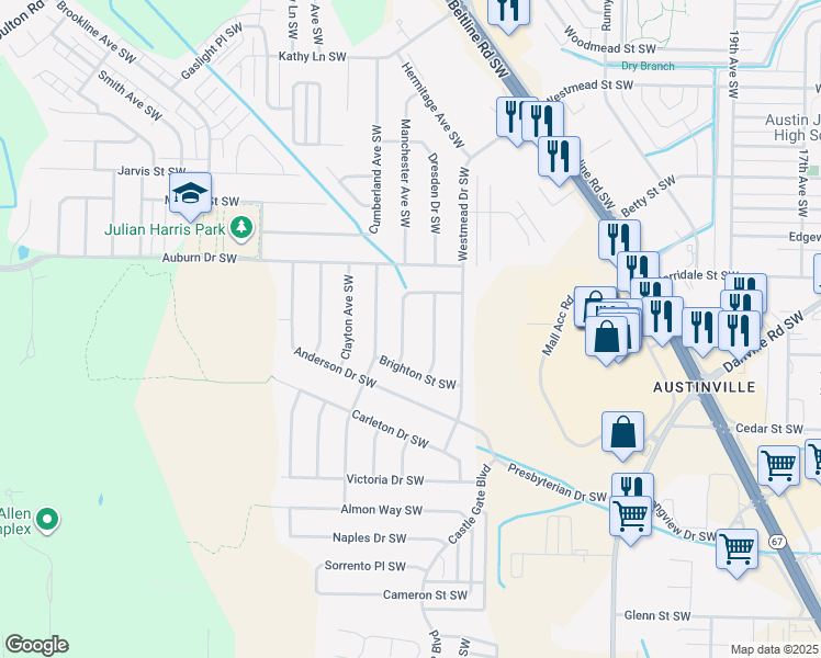 map of restaurants, bars, coffee shops, grocery stores, and more near 2227 Essex Drive Southwest in Decatur