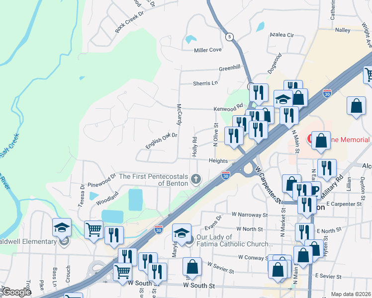 map of restaurants, bars, coffee shops, grocery stores, and more near 1058 Holly in Benton