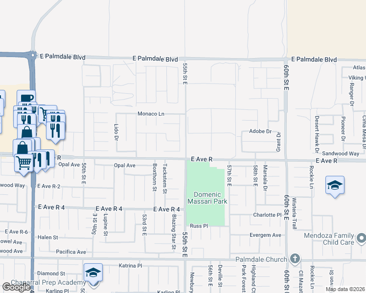 map of restaurants, bars, coffee shops, grocery stores, and more near 38028 Ranier Drive in Palmdale