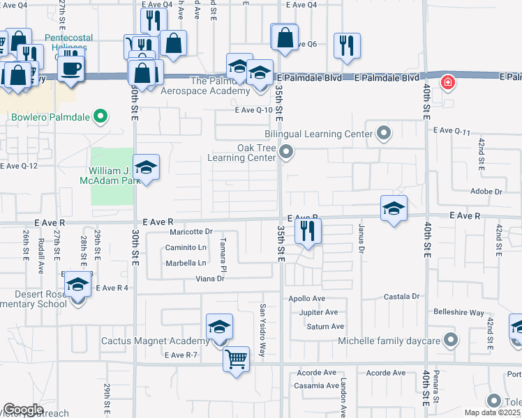 map of restaurants, bars, coffee shops, grocery stores, and more near in Palmdale