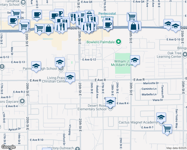 map of restaurants, bars, coffee shops, grocery stores, and more near 2627 East Avenue Q15 in Palmdale