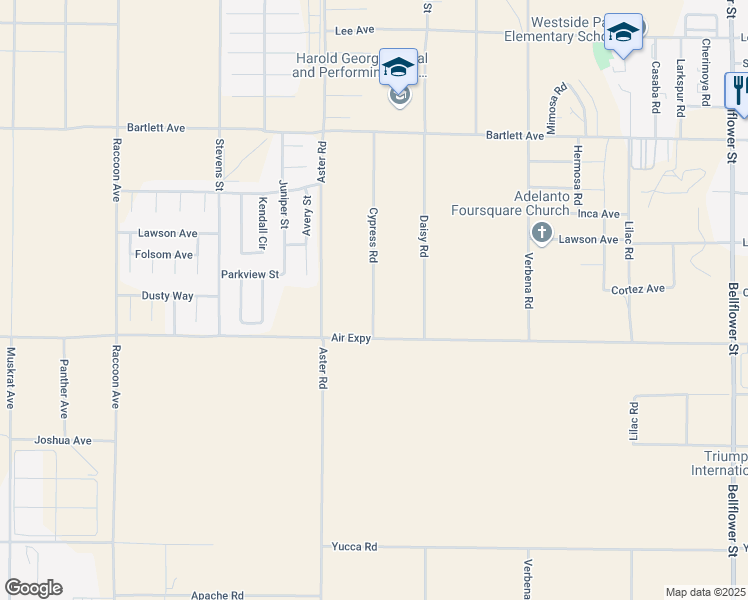 map of restaurants, bars, coffee shops, grocery stores, and more near 2 Aster Road in Adelanto