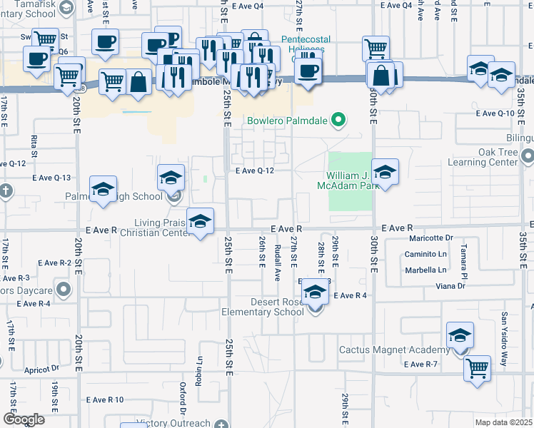 map of restaurants, bars, coffee shops, grocery stores, and more near 2627 East Avenue Q15 in Palmdale