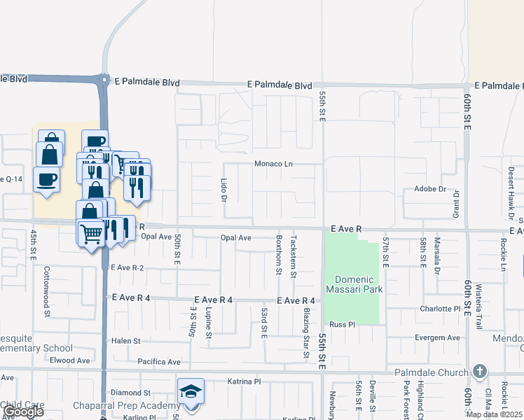 map of restaurants, bars, coffee shops, grocery stores, and more near 38028 53rd Street East in Palmdale