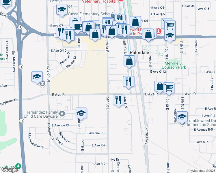 map of restaurants, bars, coffee shops, grocery stores, and more near 38076 5th Street East in Palmdale
