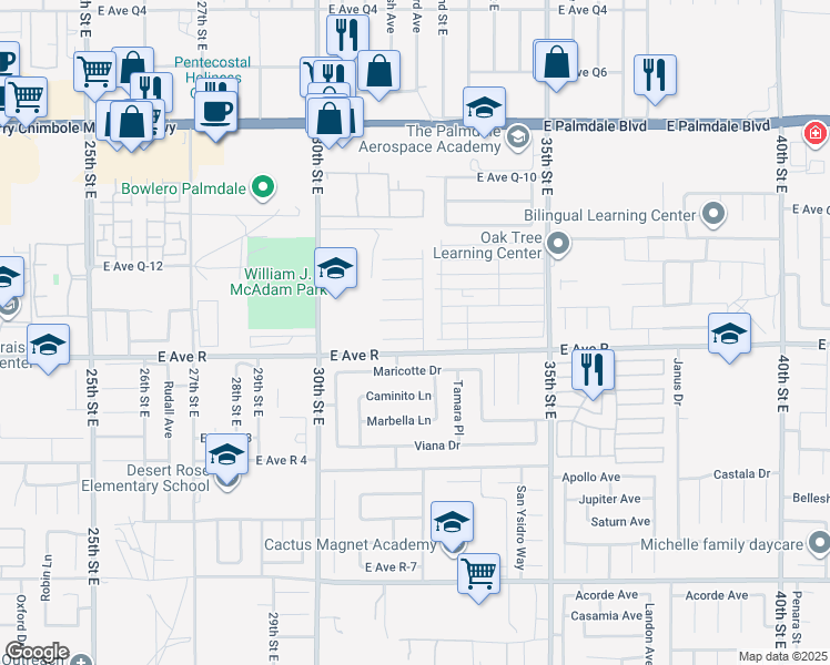 map of restaurants, bars, coffee shops, grocery stores, and more near 3141 East Avenue Q16 in Palmdale