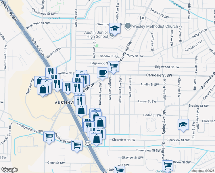 map of restaurants, bars, coffee shops, grocery stores, and more near 2216 Kooken Avenue Southwest in Decatur