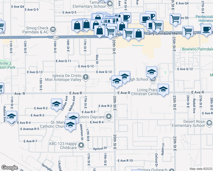 map of restaurants, bars, coffee shops, grocery stores, and more near 38021 20th Street East in Palmdale