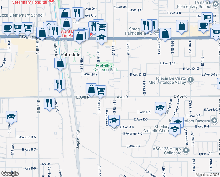 map of restaurants, bars, coffee shops, grocery stores, and more near 38035 11th Street East in Palmdale